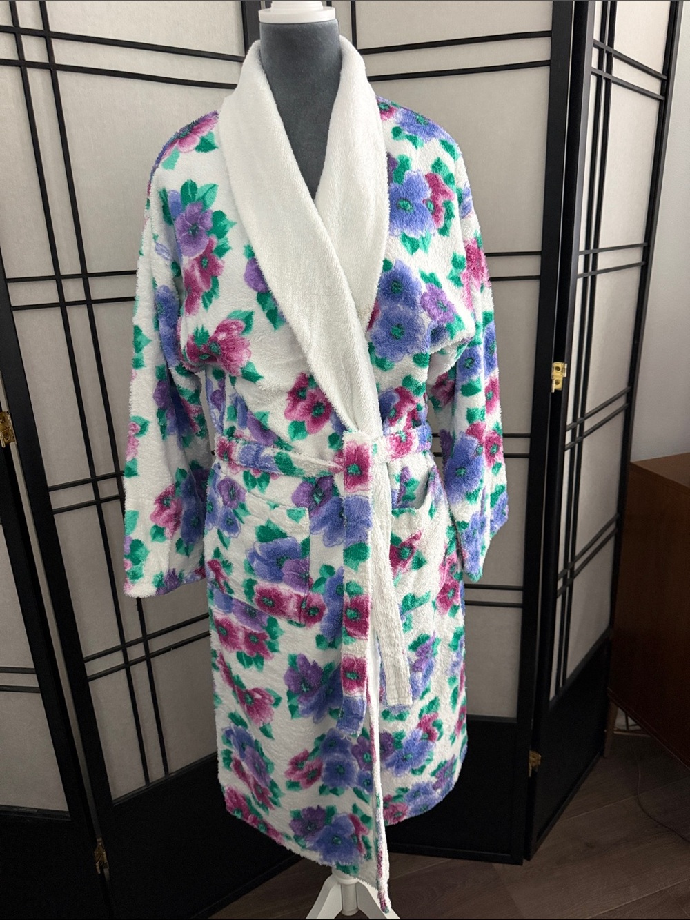Cacique Plush Terry Robe with Hand Painted Floral Motif